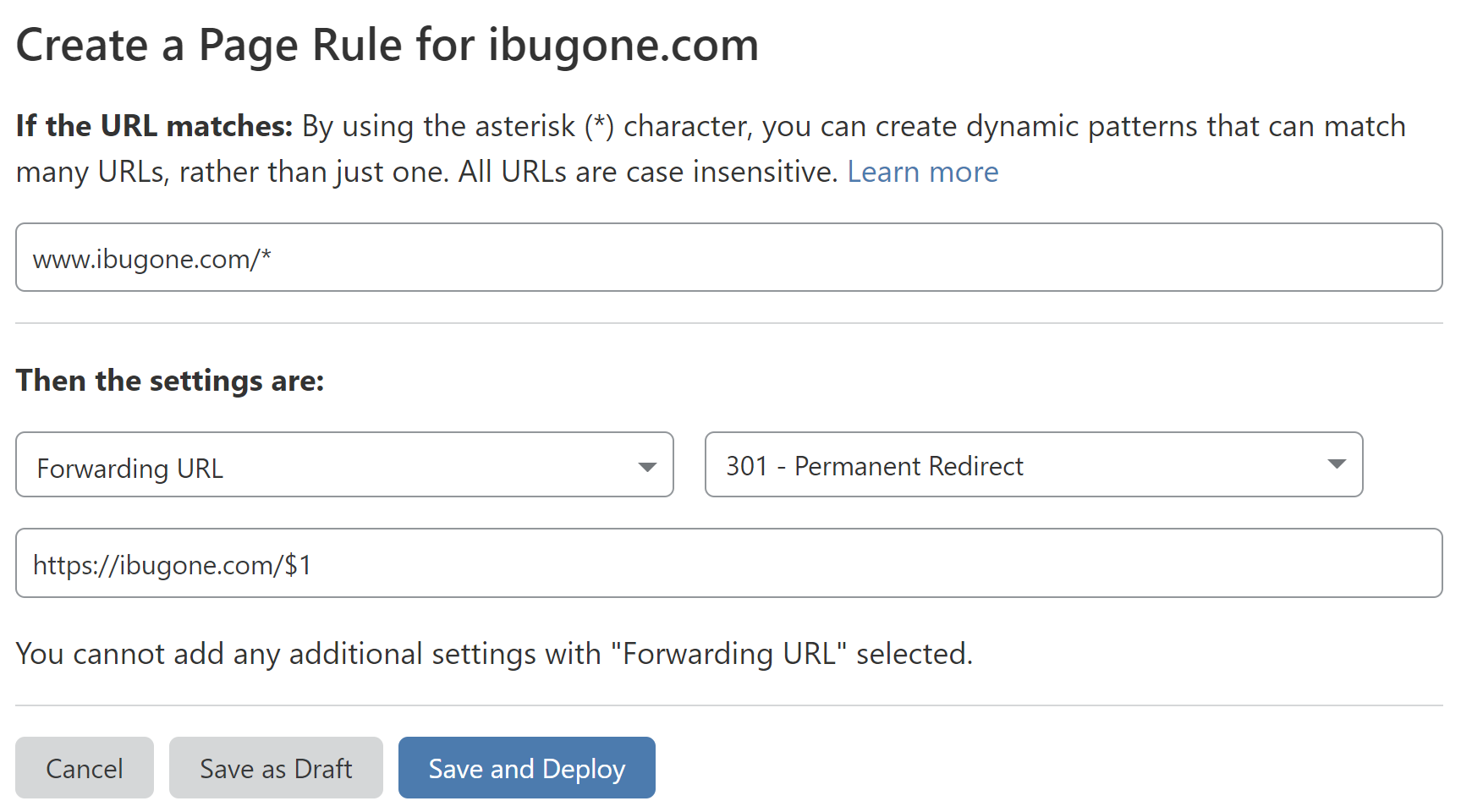 Page Rule for 301 redirection from www.ibugone.com to ibugone.com